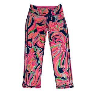 Lilly‎ Pulitzer Weekender Banana Flambe Floral Crop Leggings Pink Blue Small